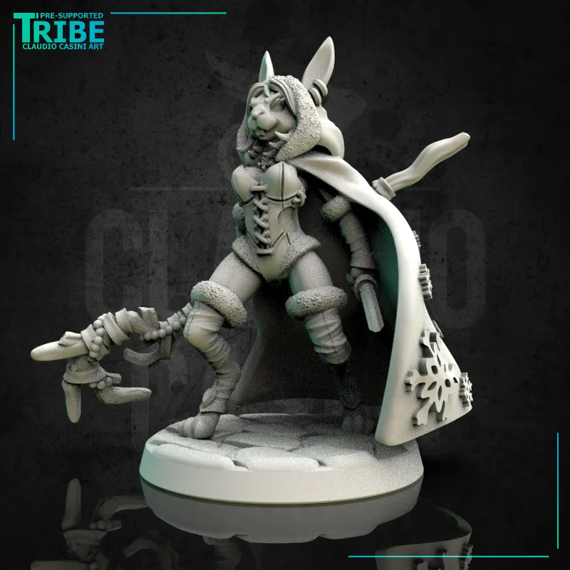 (0157) Female rabbitfolk wizard with a magical club, cape and a knife