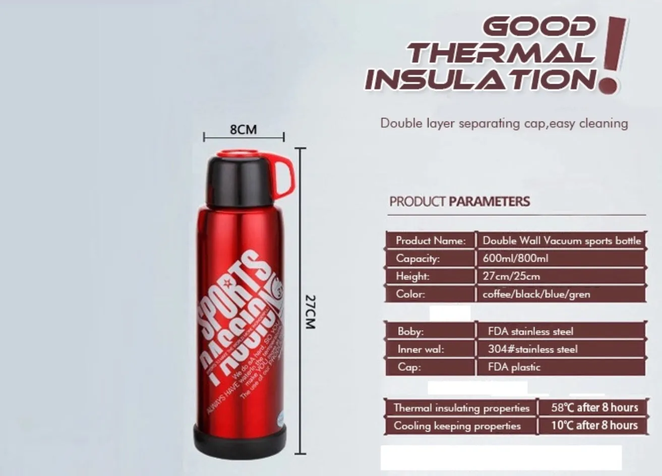 800ml Stainless Steel Insulated Hot Cold Water bottle