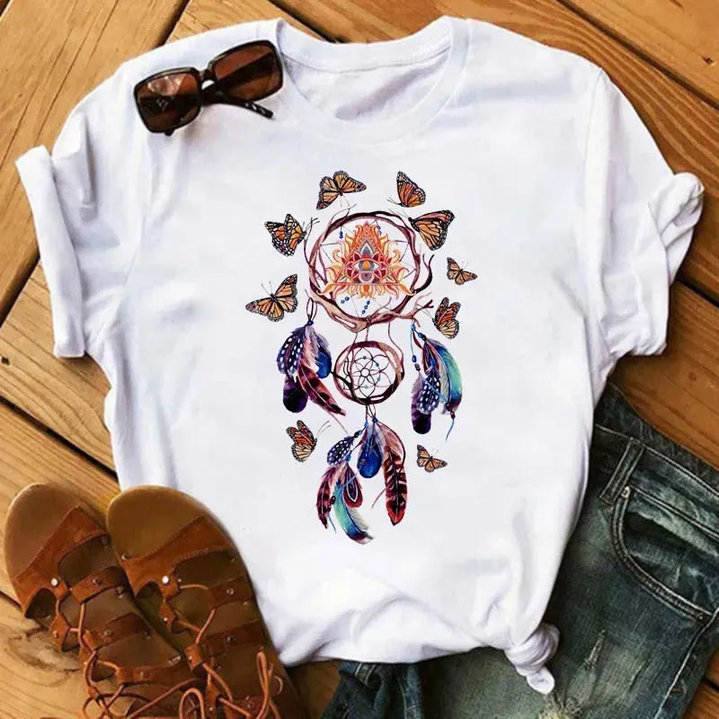 LVSANW Maycaur Women Summer Short Sleeve Dreamcatcher Feather Fashion Print Lady T-shirts Top T Shirt Ladies Womens Graphic Tee T-Shirt
