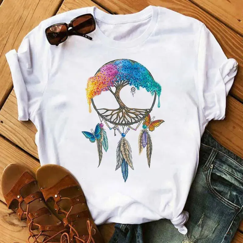LVSANW Maycaur Women Summer Short Sleeve Dreamcatcher Feather Fashion Print Lady T-shirts Top T Shirt Ladies Womens Graphic Tee T-Shirt
