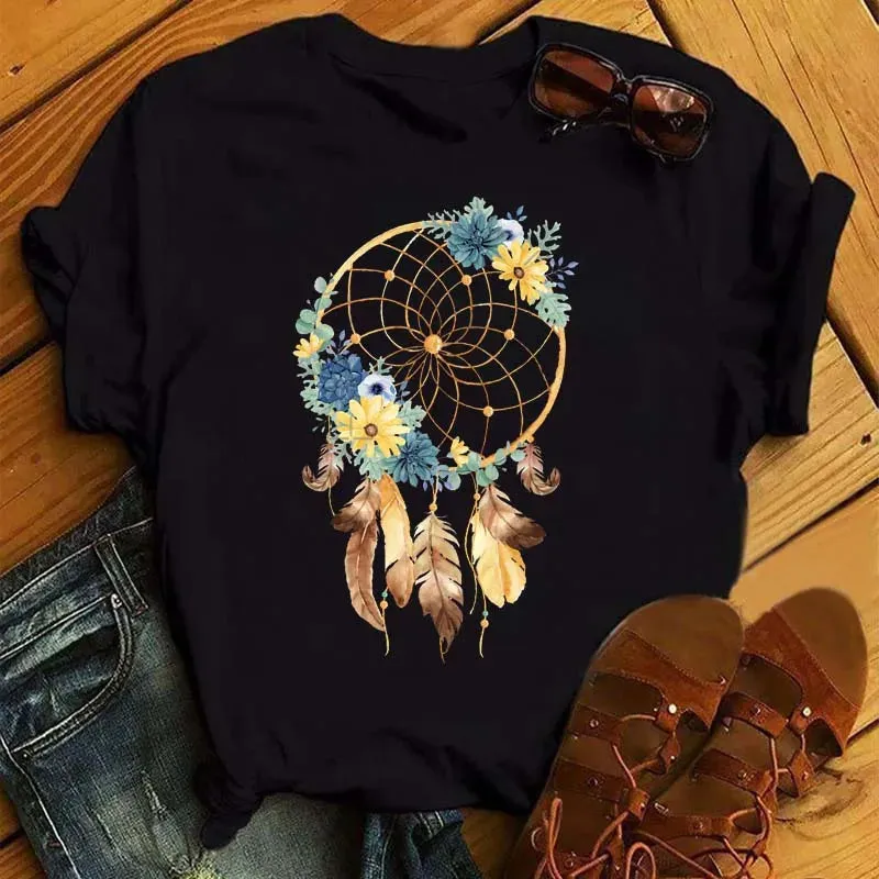 LVSANW Maycaur Women Summer Short Sleeve Dreamcatcher Feather Fashion Print Lady T-shirts Top T Shirt Ladies Womens Graphic Tee T-Shirt