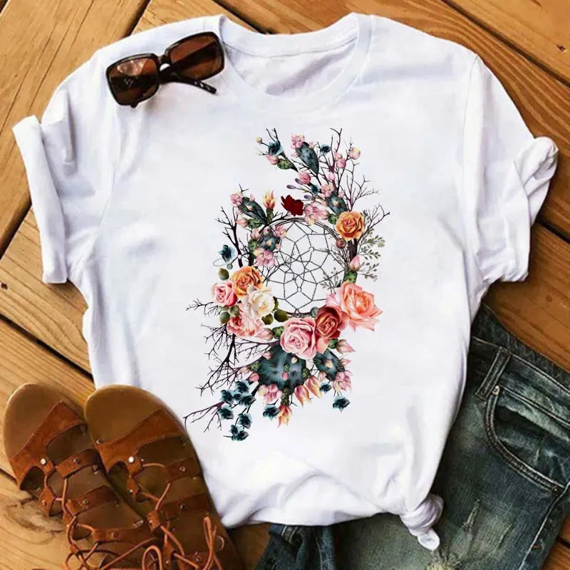 LVSANW Maycaur Women Summer Short Sleeve Dreamcatcher Feather Fashion Print Lady T-shirts Top T Shirt Ladies Womens Graphic Tee T-Shirt