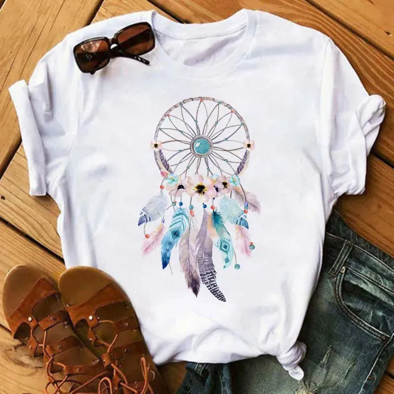 LVSANW Maycaur Women Summer Short Sleeve Dreamcatcher Feather Fashion Print Lady T-shirts Top T Shirt Ladies Womens Graphic Tee T-Shirt
