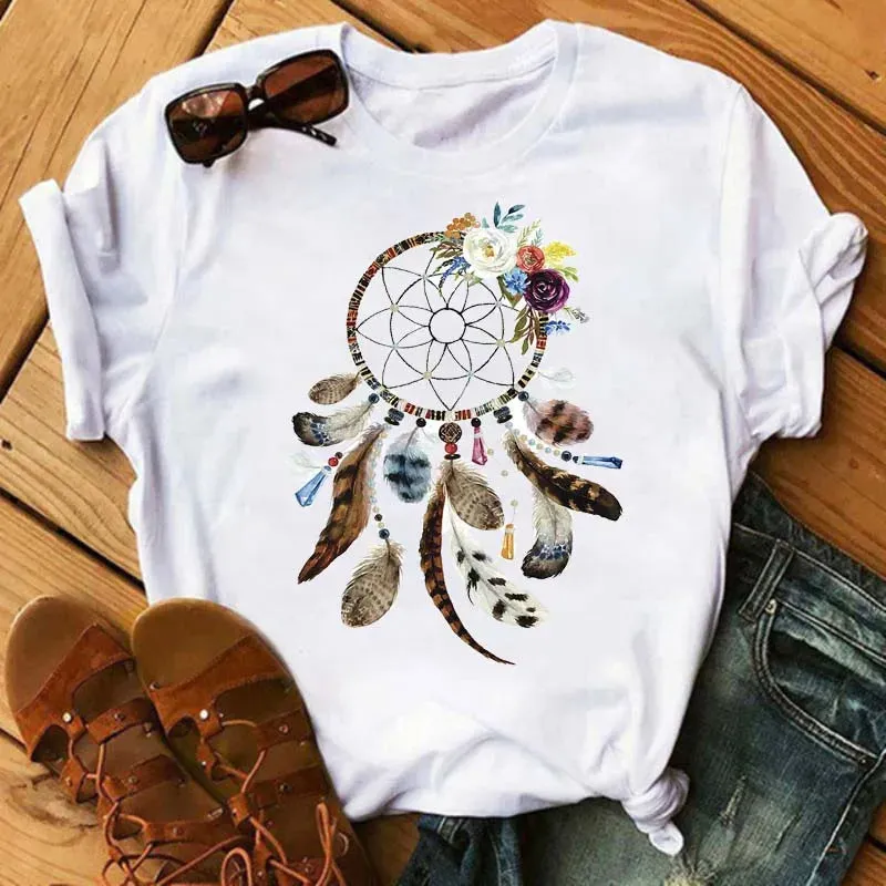 LVSANW Maycaur Women Summer Short Sleeve Dreamcatcher Feather Fashion Print Lady T-shirts Top T Shirt Ladies Womens Graphic Tee T-Shirt