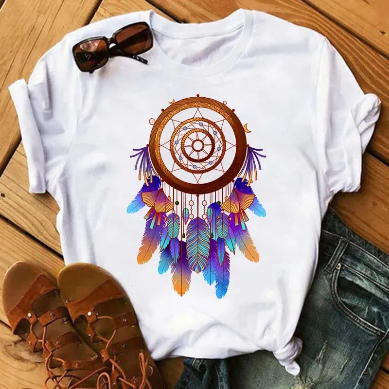 LVSANW Maycaur Women Summer Short Sleeve Dreamcatcher Feather Fashion Print Lady T-shirts Top T Shirt Ladies Womens Graphic Tee T-Shirt