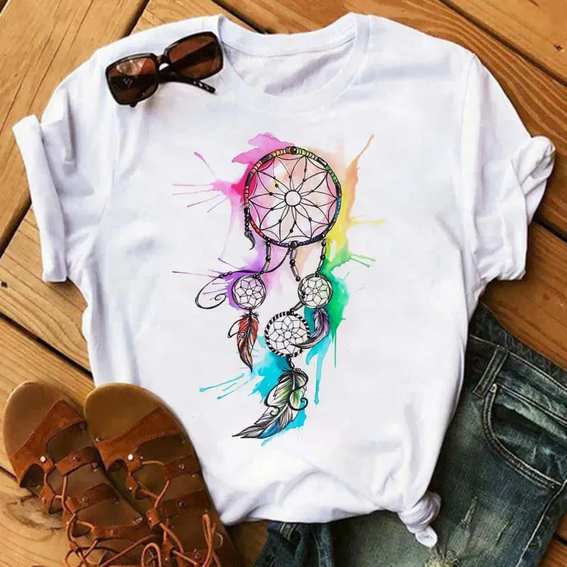 LVSANW Maycaur Women Summer Short Sleeve Dreamcatcher Feather Fashion Print Lady T-shirts Top T Shirt Ladies Womens Graphic Tee T-Shirt