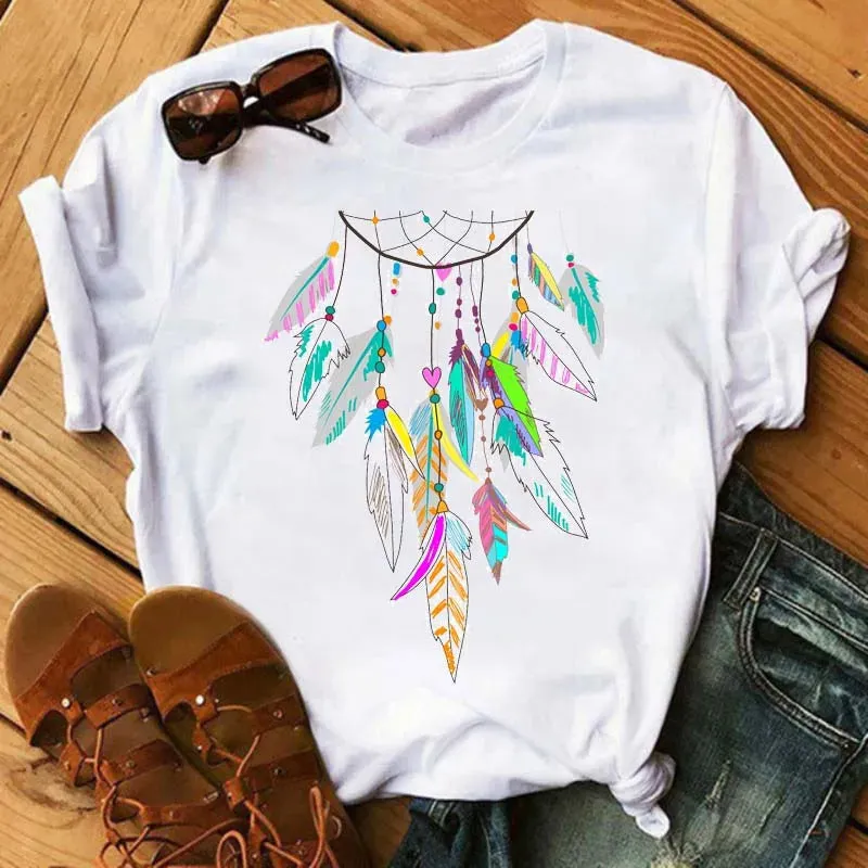 LVSANW Maycaur Women Summer Short Sleeve Dreamcatcher Feather Fashion Print Lady T-shirts Top T Shirt Ladies Womens Graphic Tee T-Shirt