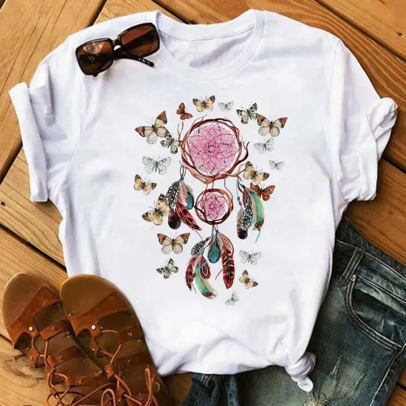 LVSANW Maycaur Women Summer Short Sleeve Dreamcatcher Feather Fashion Print Lady T-shirts Top T Shirt Ladies Womens Graphic Tee T-Shirt