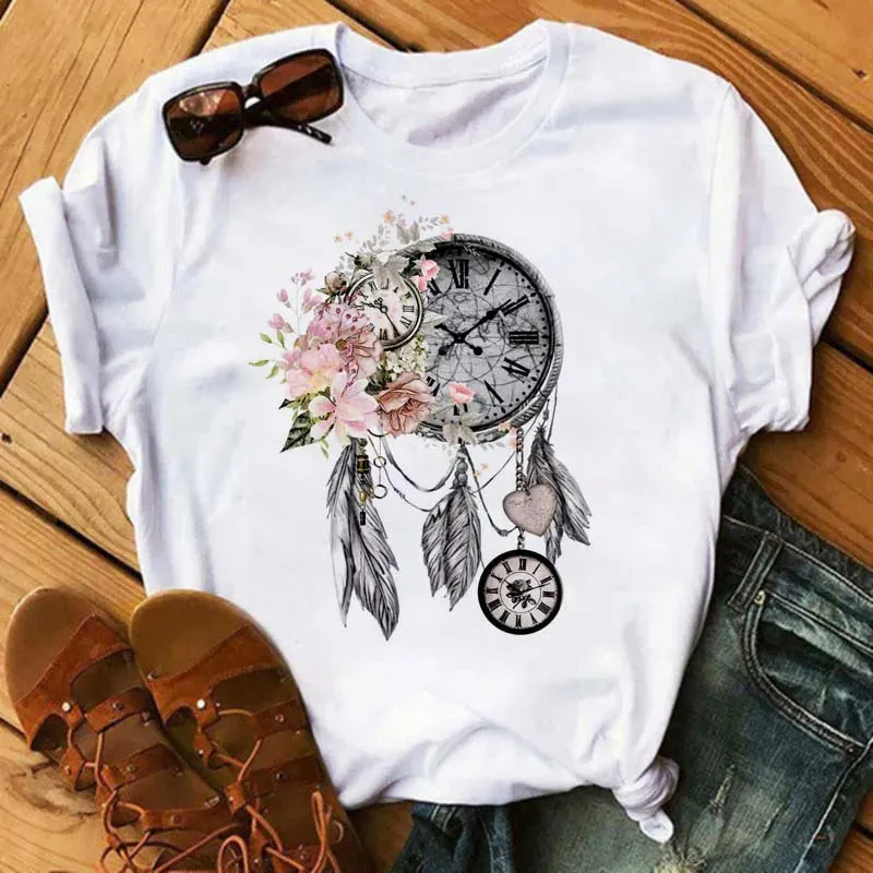 LVSANW Maycaur Women Summer Short Sleeve Dreamcatcher Feather Fashion Print Lady T-shirts Top T Shirt Ladies Womens Graphic Tee T-Shirt