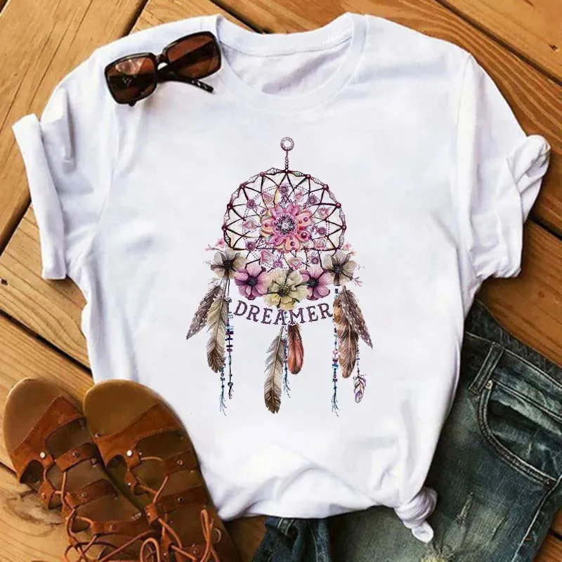LVSANW Maycaur Women Summer Short Sleeve Dreamcatcher Feather Fashion Print Lady T-shirts Top T Shirt Ladies Womens Graphic Tee T-Shirt