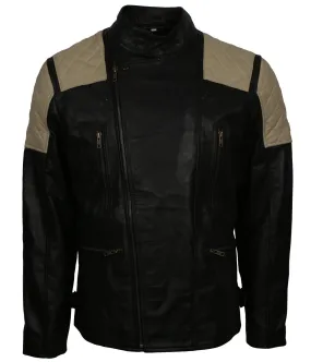 Men's Vintage Quilted Patches Black Leather Biker Jacket