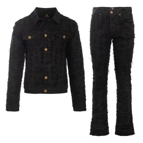 Patchwork Distressed Denim Jacket   Jeans SET - BLACK